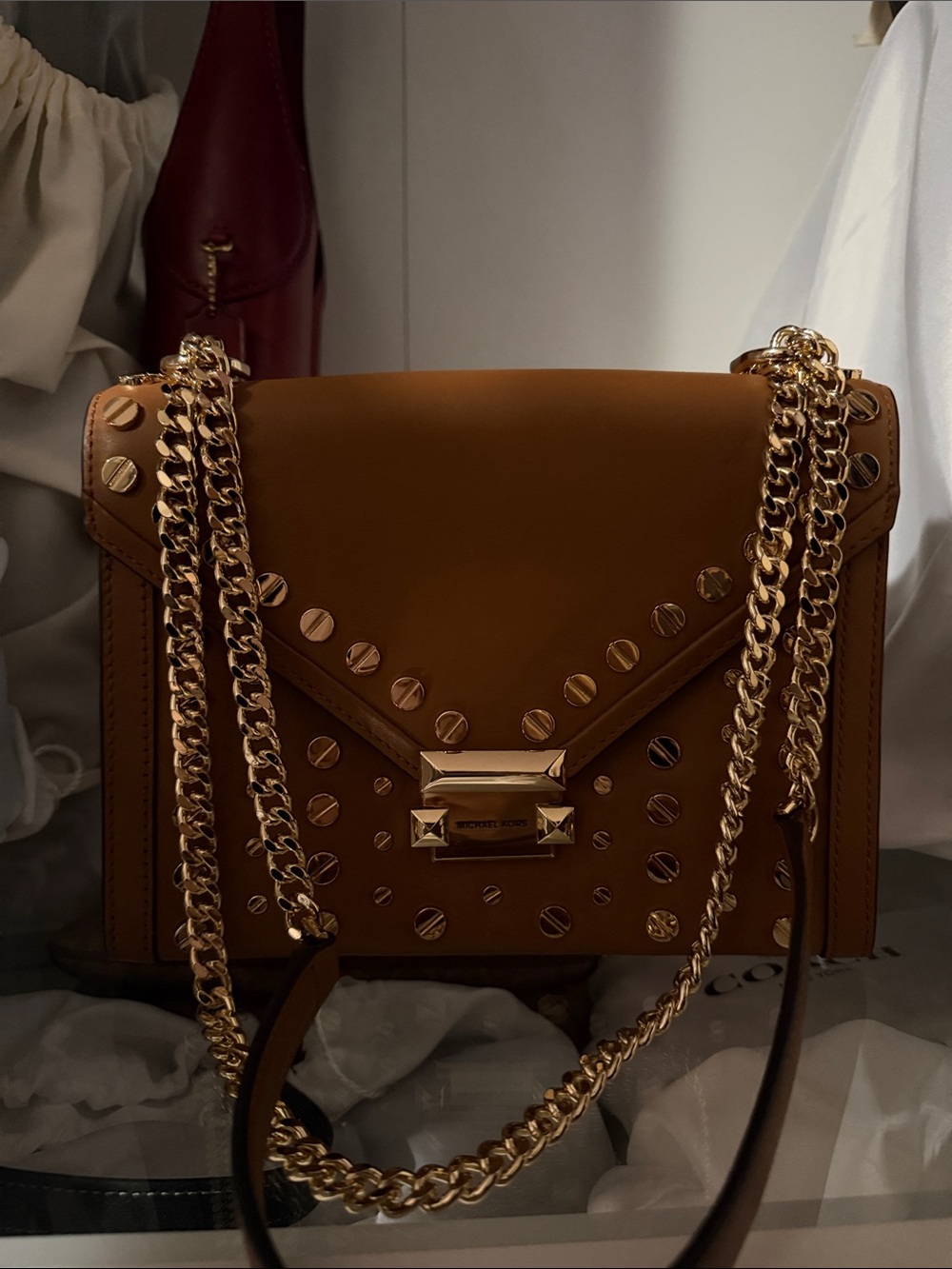 Michael Kors Chestnut Brown Studded Leather Shoulder Bag with Gold Chain